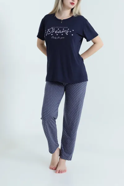 Lacivert Desenli Viskon Kadın Pijama Takımı 466629