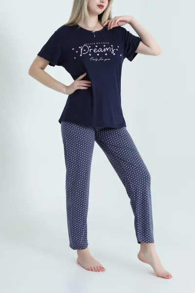 Lacivert Desenli Viskon Kadın Pijama Takımı 466629