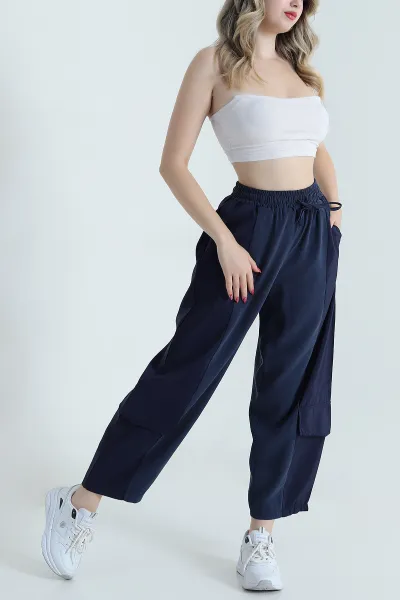 Lacivert Diagonel Tencel Kadın Kargo Pantolon 475769