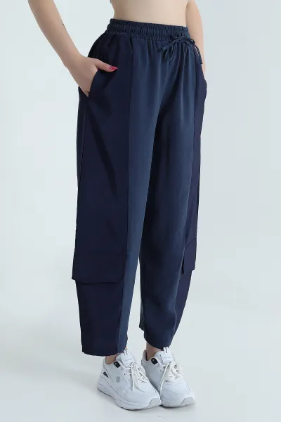 Lacivert Diagonel Tencel Kadın Kargo Pantolon 475769