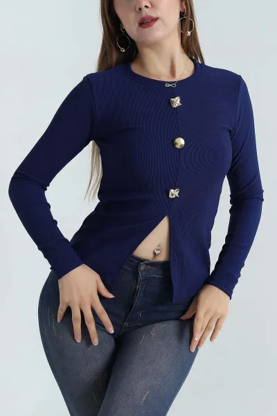 Lacivert Düğme Detay Ottoman Kadın Bluz 389606