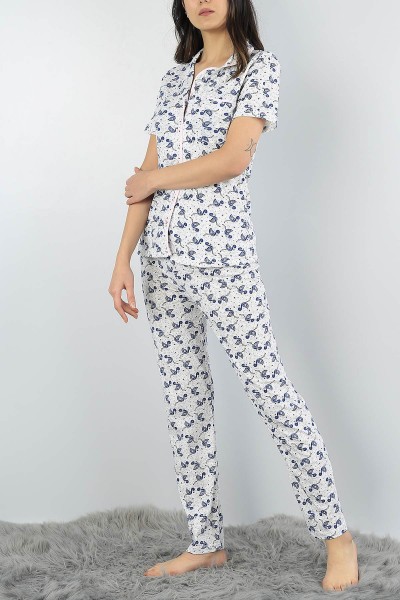 Lacivert Düğmeli Bayan Baskılı Pijama Takımı 54965