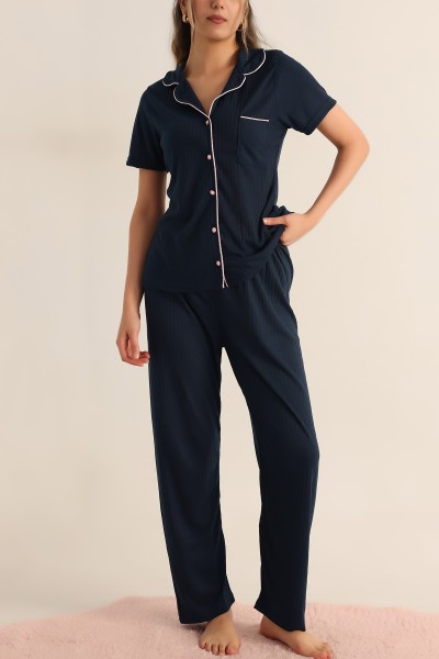 Lacivert Düğmeli Bayan Pijama Takımı 181835