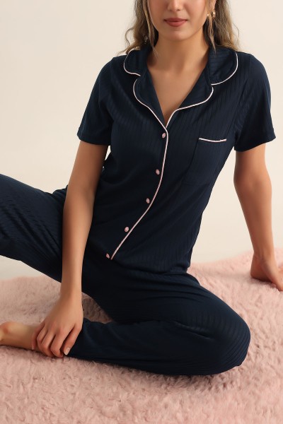 Lacivert Düğmeli Bayan Pijama Takımı 181835