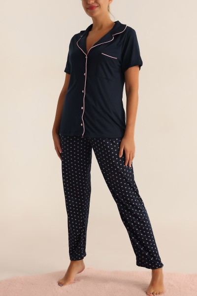 Lacivert Düğmeli Bayan Pijama Takımı 192128