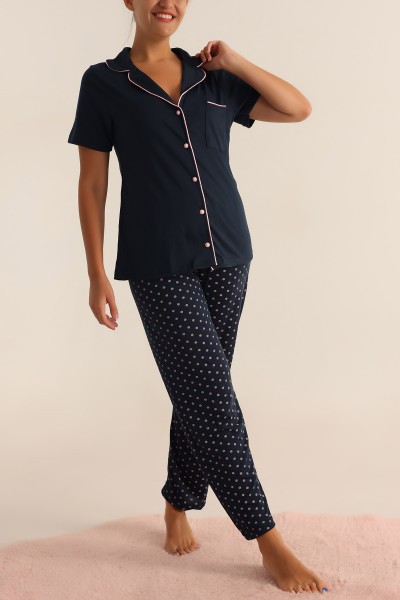 Lacivert Düğmeli Bayan Pijama Takımı 192128