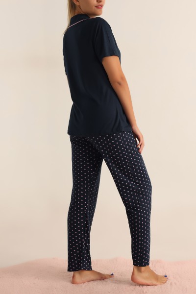 Lacivert Düğmeli Bayan Pijama Takımı 192128