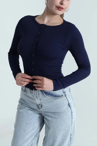 Lacivert Düğmeli Bürümcük Kadın Bluz 484391