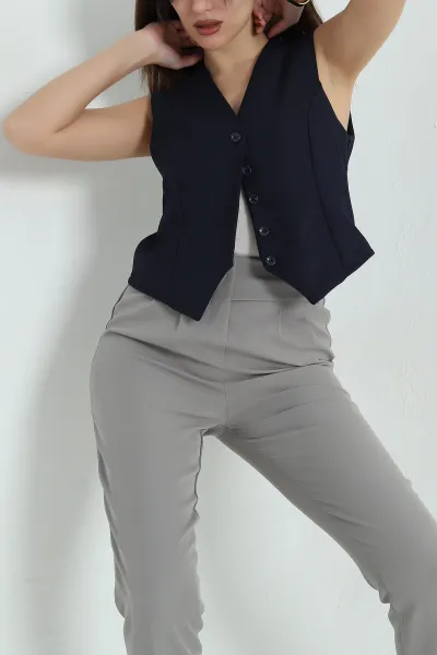 Lacivert Düğmeli Fitilli Bayan Yelek 336742