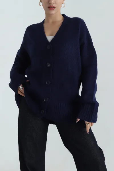 Lacivert Düğmeli Oversize Kadın Triko Hırka 412283