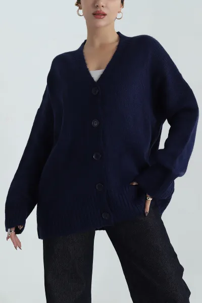Lacivert Düğmeli Oversize Kadın Triko Hırka 412283