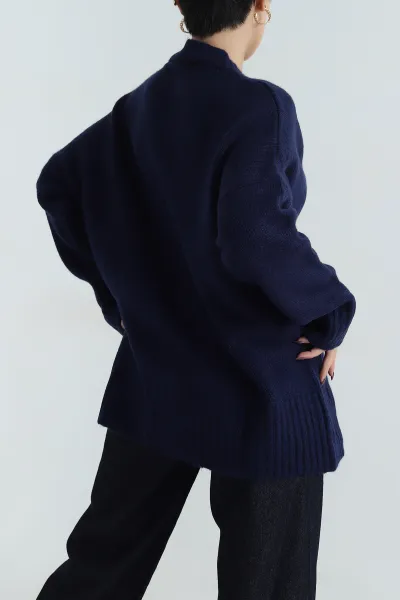Lacivert Düğmeli Oversize Kadın Triko Hırka 412283