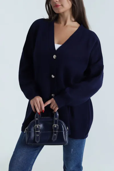 Lacivert Düğmeli Oversize Kadın Triko Hırka 490712