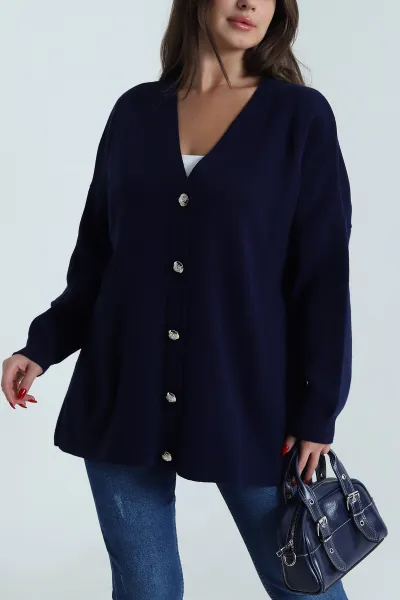 Lacivert Düğmeli Oversize Kadın Triko Hırka 490712