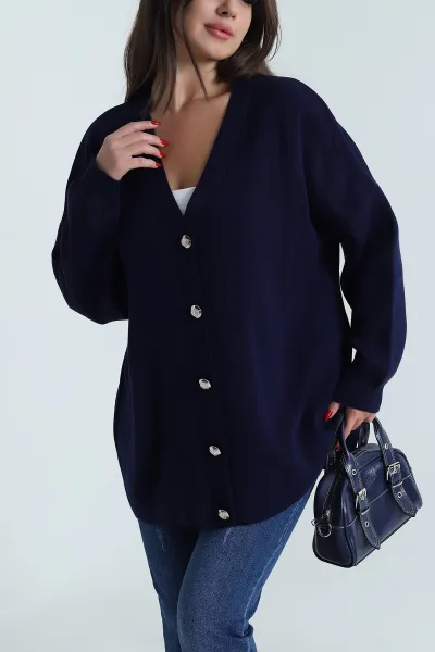 Lacivert Düğmeli Oversize Kadın Triko Hırka 490712