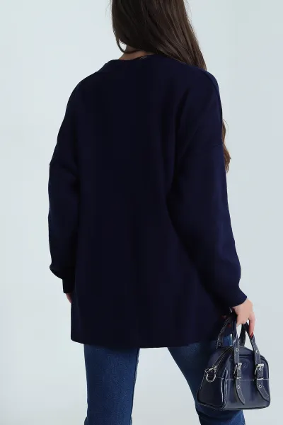 Lacivert Düğmeli Oversize Kadın Triko Hırka 490712