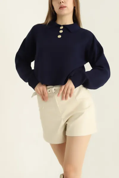 Lacivert Düğmeli Polo Yaka Bayan Triko Kazak 320741