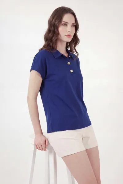 Lacivert Düğmeli Polo Yaka Kristal Kadın Bluz 449069