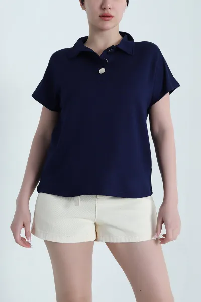 Lacivert Düğmeli Polo Yaka Kristal Kadın Bluz 459690