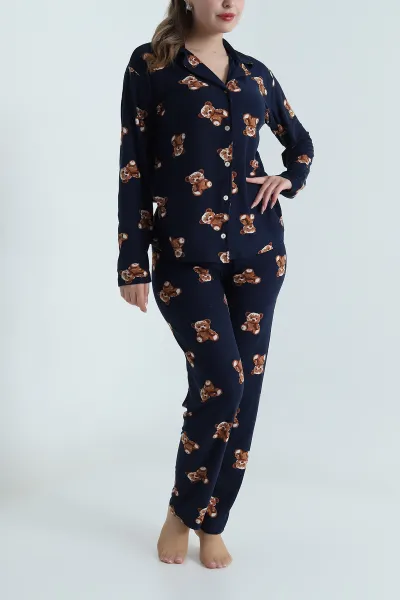 Lacivert Düğmeli Soft Süet Kadın Pijama Takımı 488911