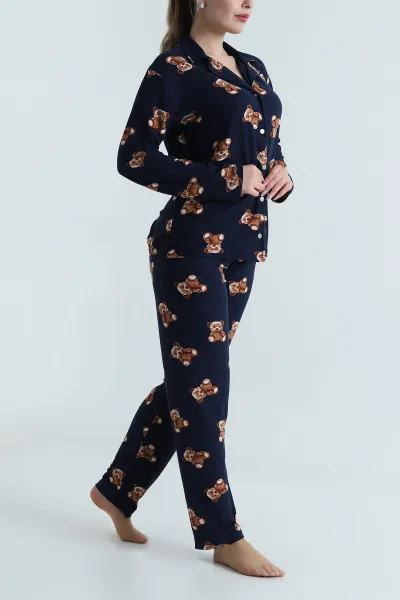 Lacivert Düğmeli Soft Süet Kadın Pijama Takımı 488911