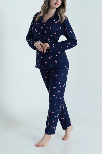 Lacivert Düğmeli Süet Kadın Pijama Takımı 490740
