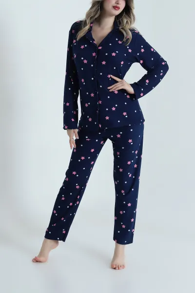 Lacivert Düğmeli Süet Kadın Pijama Takımı 490740