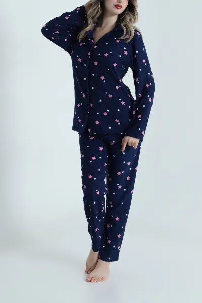 Lacivert Düğmeli Süet Kadın Pijama Takımı 490740