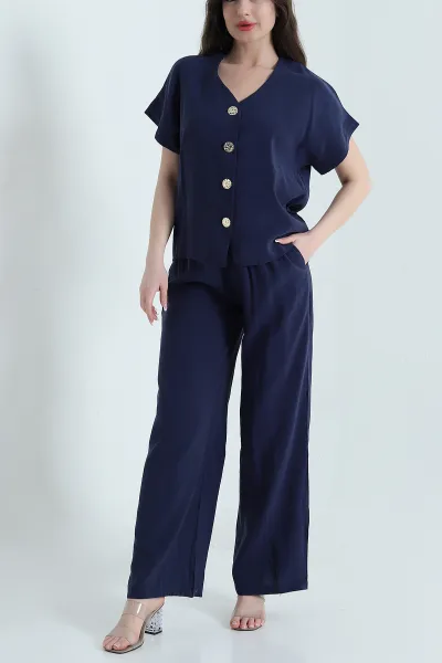 Lacivert Düğmeli Tencel Kadın İkili Takım 455148