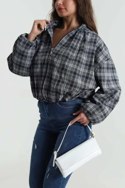 Lacivert Ekose Bomber Kadın Mevsimlik Mont 484488