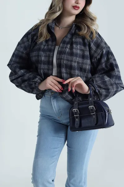 Lacivert Ekose Bomber Kadın Mevsimlik Mont 493468