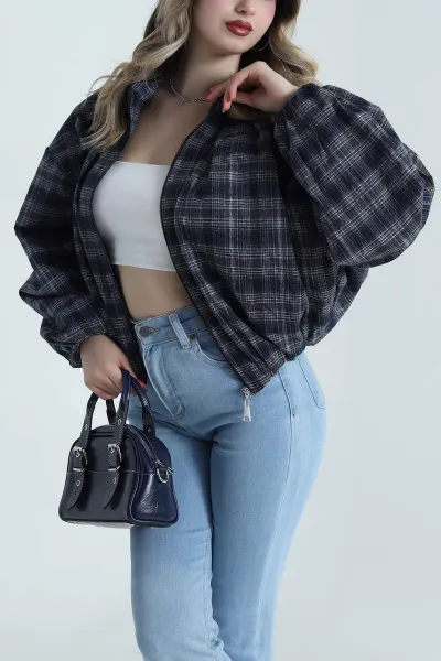 Lacivert Ekose Bomber Kadın Mevsimlik Mont 493468