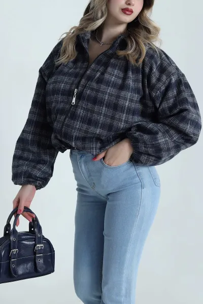 Lacivert Ekose Bomber Kadın Mevsimlik Mont 493468