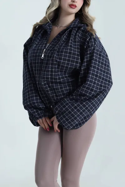 Lacivert Ekose Bomber Kadın Mevsimlik Mont 493470