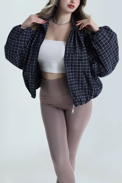 Lacivert Ekose Bomber Kadın Mevsimlik Mont 493470