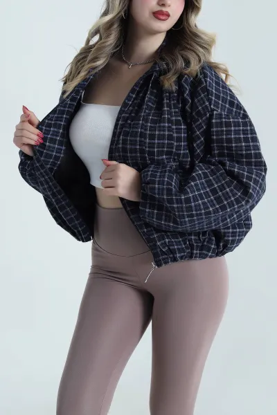Lacivert Ekose Bomber Kadın Mevsimlik Mont 493470