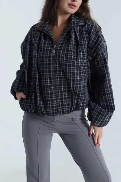 Lacivert Ekose Bomber Kadın Mevsimlik Mont 493488