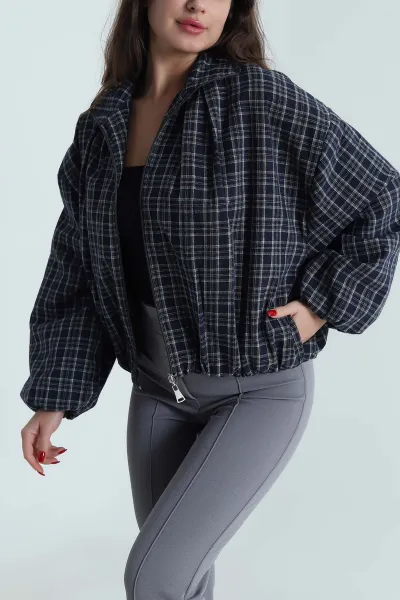 Lacivert Ekose Bomber Kadın Mevsimlik Mont 493488