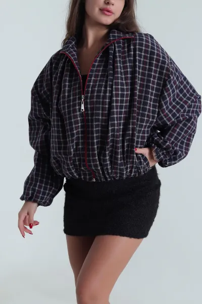 Lacivert Ekose Bomber Kadın Mevsimlik Mont 493721