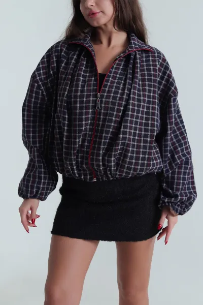 Lacivert Ekose Bomber Kadın Mevsimlik Mont 493721