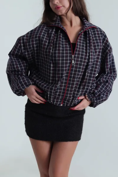 Lacivert Ekose Bomber Kadın Mevsimlik Mont 493721