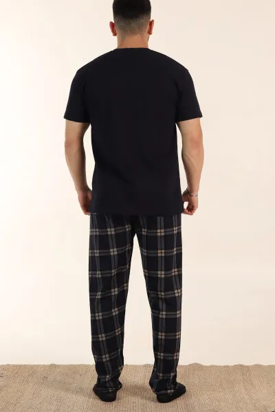 Lacivert Ekose Desenli 3 Düğmeli Kısa Kol Erkek Pijama Takımı 362609