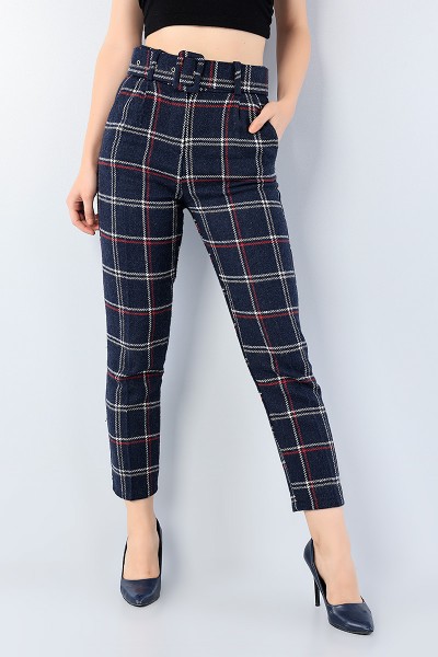 Lacivert Ekose Desenli Bayan Kaşmir Pantolon 75705