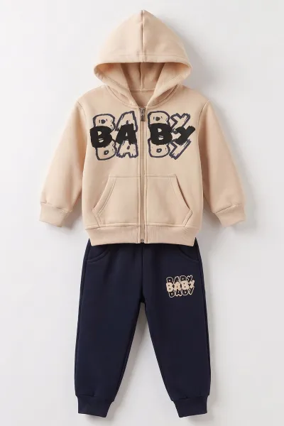 Lacivert Ekru (1-5 Yaş) Baby Baskılı Kapüşonlu Fermuarlı 3 İp Şardonlu Erkek Çocuk Kışlık Takım 487805