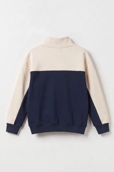 Lacivert Ekru (5-12 Yaş) Sports Baskılı Yarım Fermuarlı 3 İp Şardonlu Erkek Çocuk Sweatshirt 481750