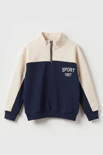 Lacivert Ekru (5-12 Yaş) Sports Baskılı Yarım Fermuarlı 3 İp Şardonlu Erkek Çocuk Sweatshirt 481750