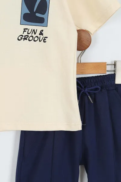 Lacivert Ekru  (7-12 Yaş)Ön Arka Fun Groove Baskılı Cepli Şortlu Erkek Çocuk Yazlık Takım 353404