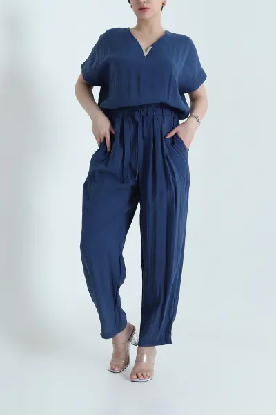 Lacivert Fermuarlı Bel Lastikli Tencel Kadın Tulum 452632