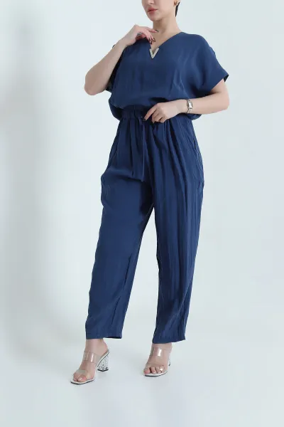 Lacivert Fermuarlı Bel Lastikli Tencel Kadın Tulum 452632