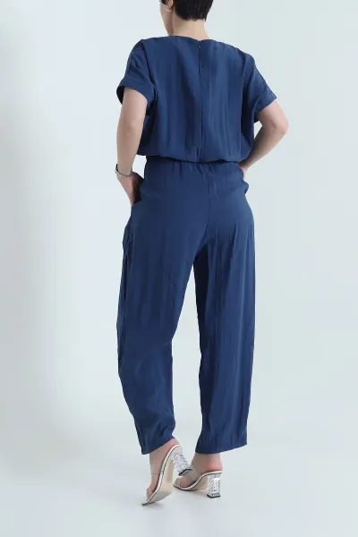 Lacivert Fermuarlı Bel Lastikli Tencel Kadın Tulum 452632
